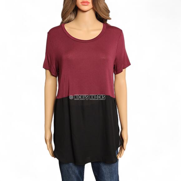 Lush Stitch Fix Maroon Black Colorblock Top Sheer Mixed Media Scoop Neck Size M - Picture 2 of 10